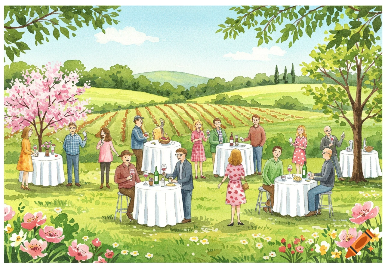 Watercolor image of a spring wine tasting event outside in a vineyard with people gathered around tables.