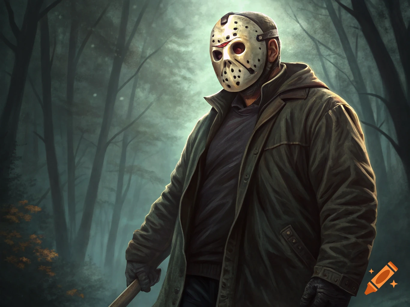 Jason Voorhees in a hockey mask and coat standing in a foggy forest.