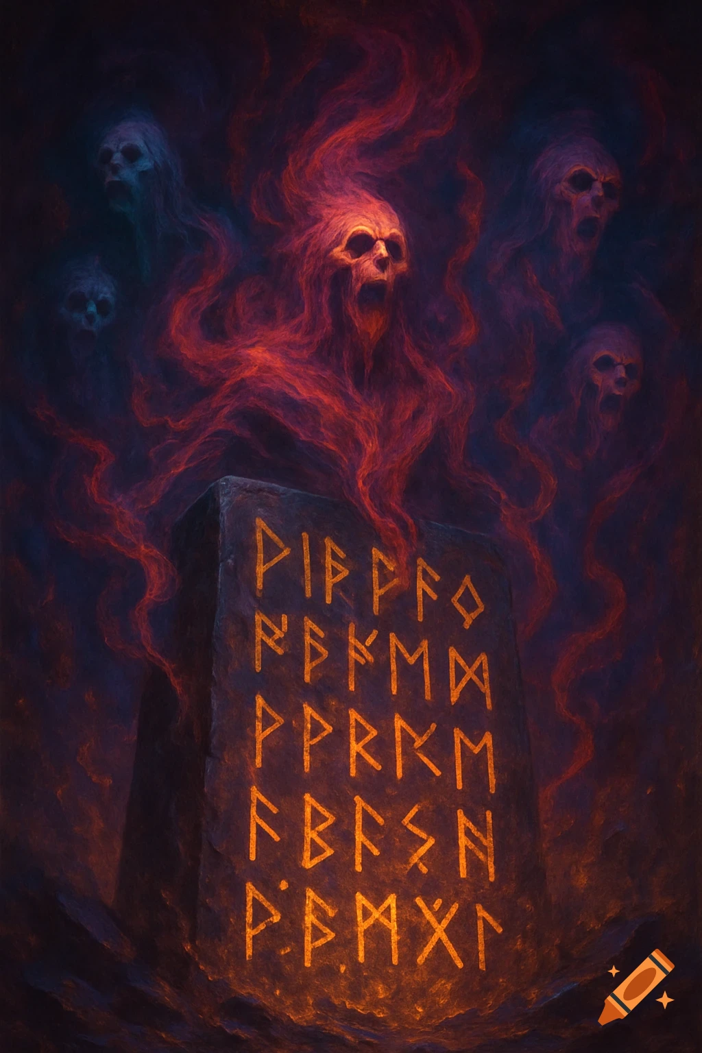 A stone monument with glowing runes, shrouded in swirling red and purple smoke forming screaming spirit faces in a dark fantasy style.