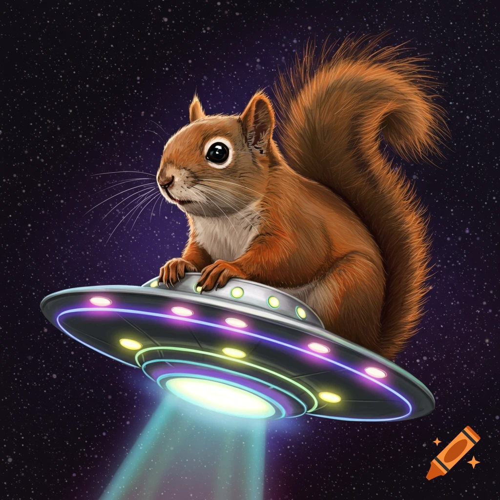 A squirrel rides a glowing UFO through starry space.