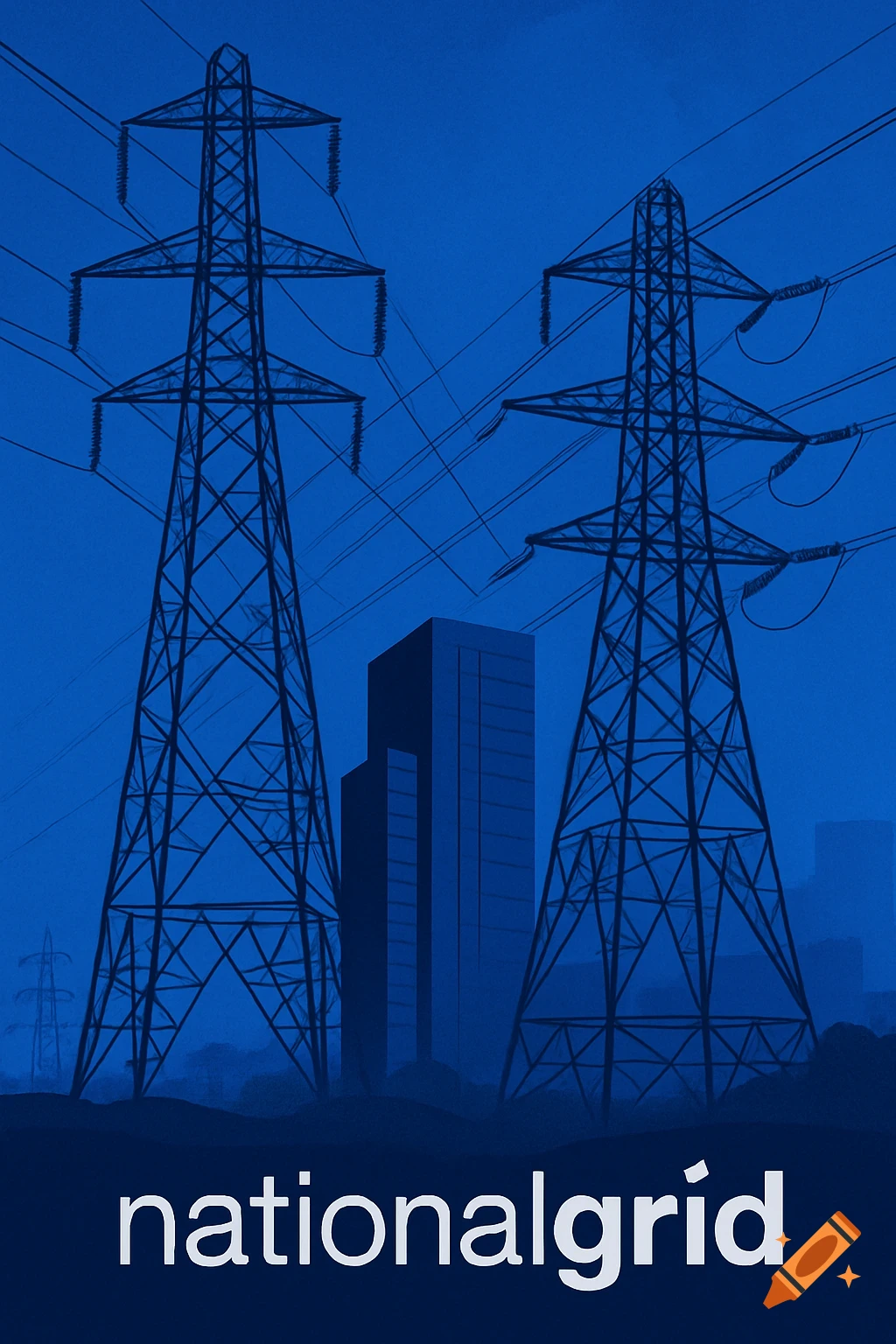 Two power line towers and a building in a dark blue illustration with text 'nationalgrid' at the bottom.