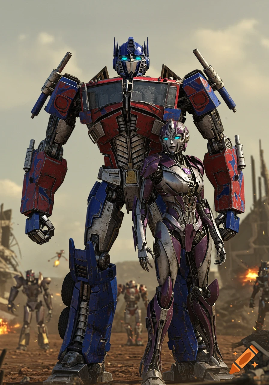 Optimus Prime and Elita One robots stand in a ruined battleground