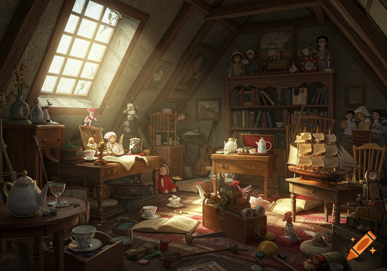 A cluttered attic room filled with old toys, books, furniture, and a model ship, lit by sunlight.