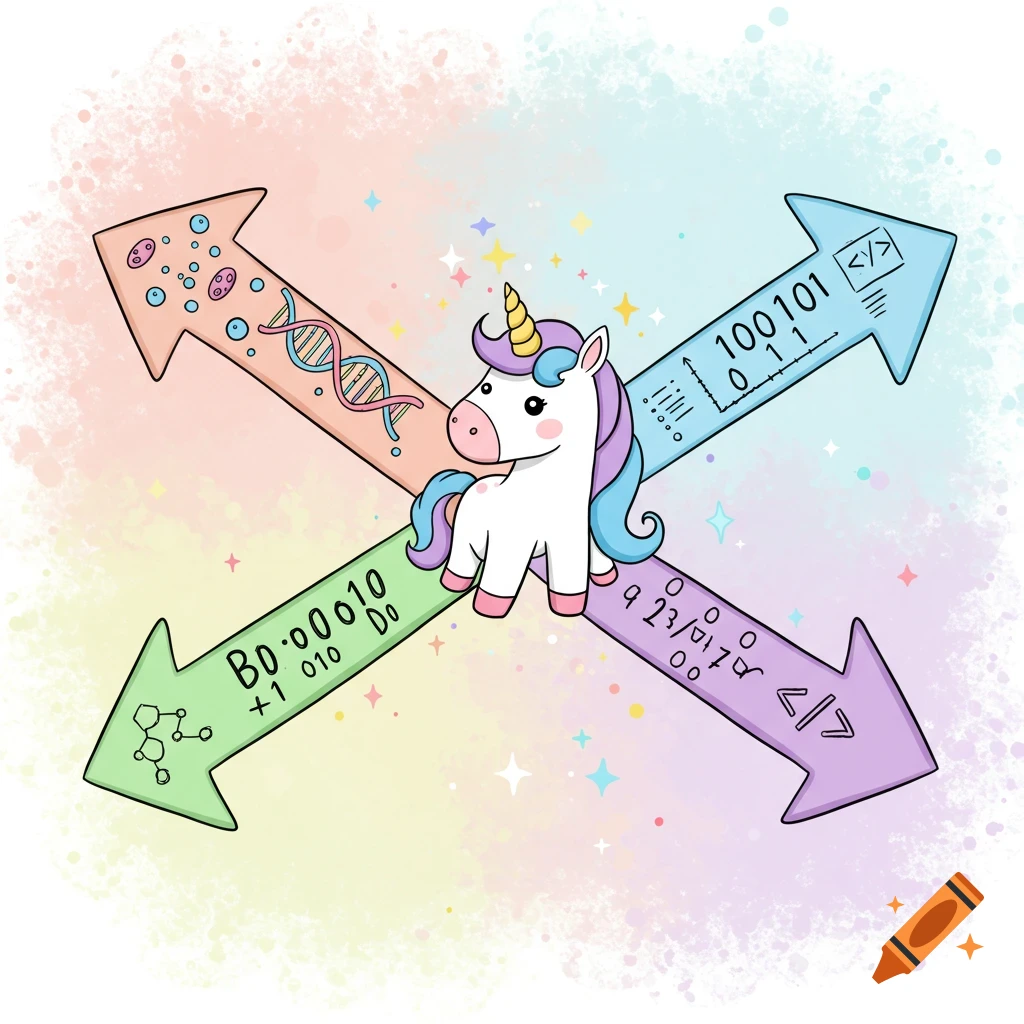 Cartoon unicorn surrounded by arrows with science and tech symbols