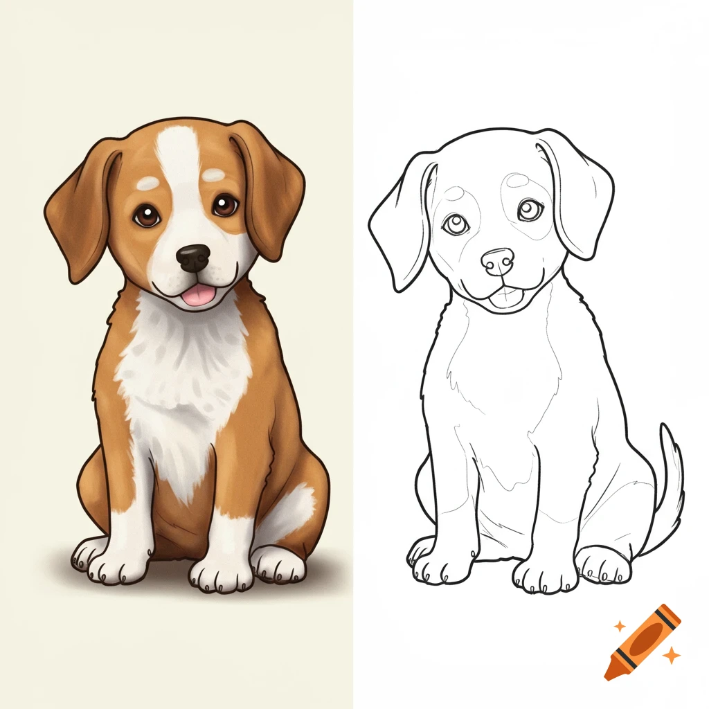 Cute puppy illustration split into color and black and white outline.