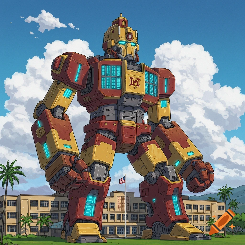 A giant red and gold robot stands in front of a school building with palm trees in a cartoon style.