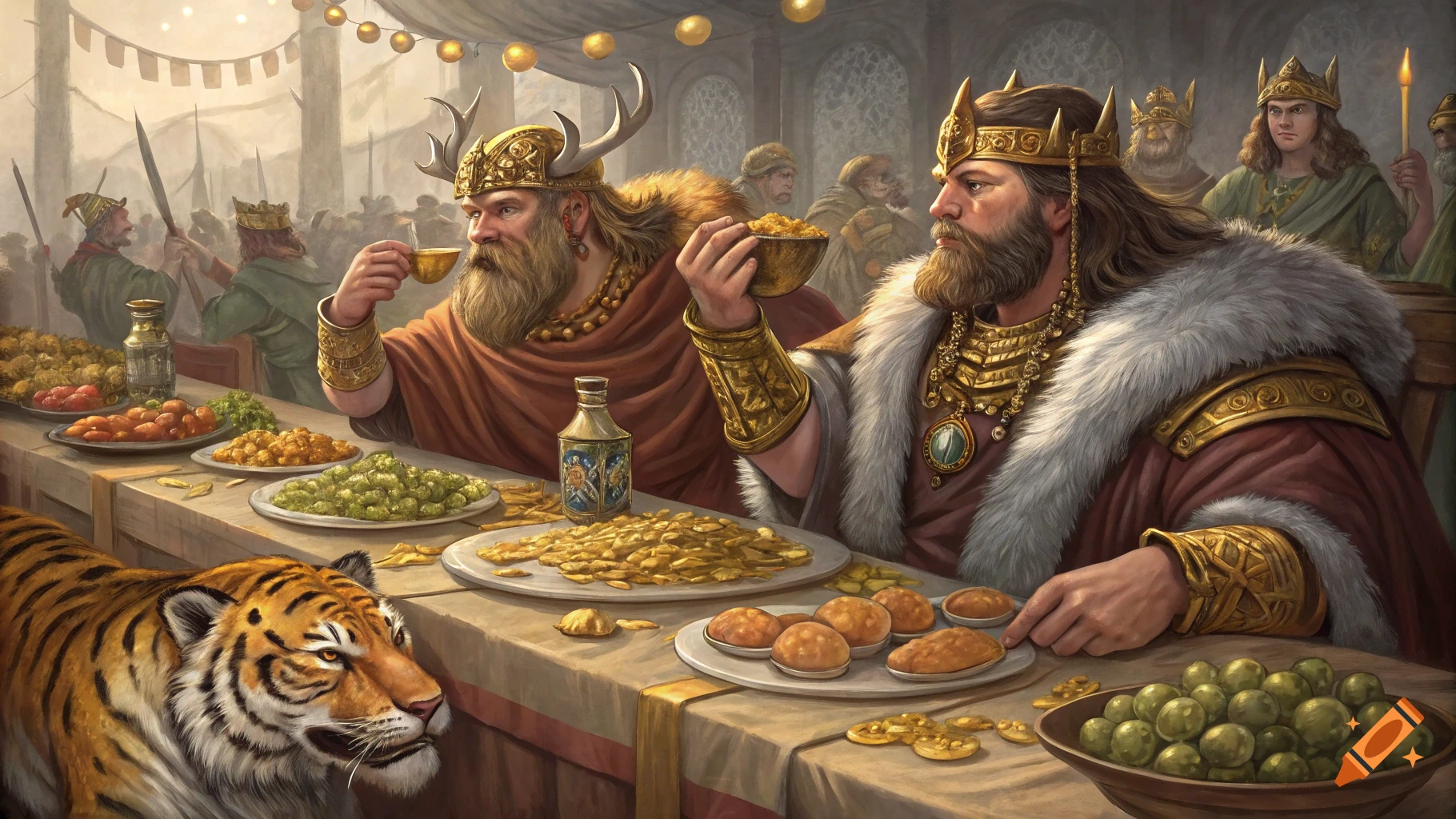 Two Viking lords feast at a long table covered in food and gold, with a tiger nearby. Painted style.