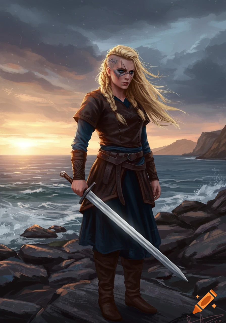 A Viking woman with braids and face paint stands on a rocky shore at sunset, holding a sword.