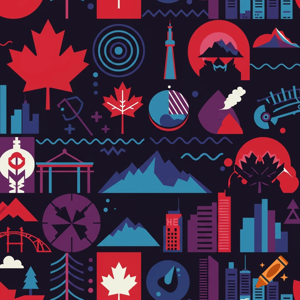 Seamless graphic pattern of Canadian symbols including maple leaves, mountains, city buildings, and landmarks.