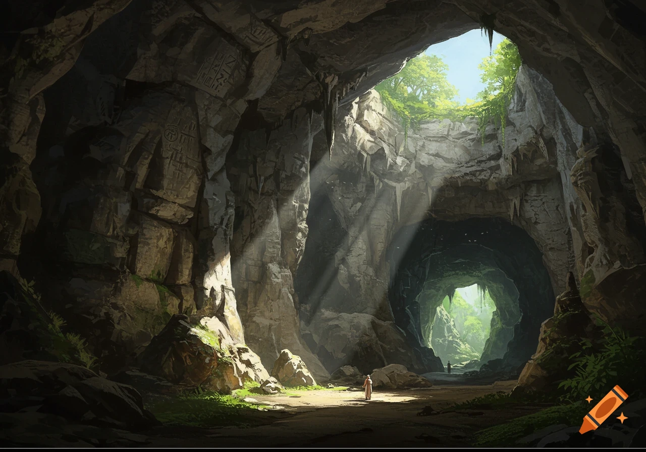 A vast cave illuminated by shafts of sunlight, revealing ancient symbols on the walls and small figures exploring.