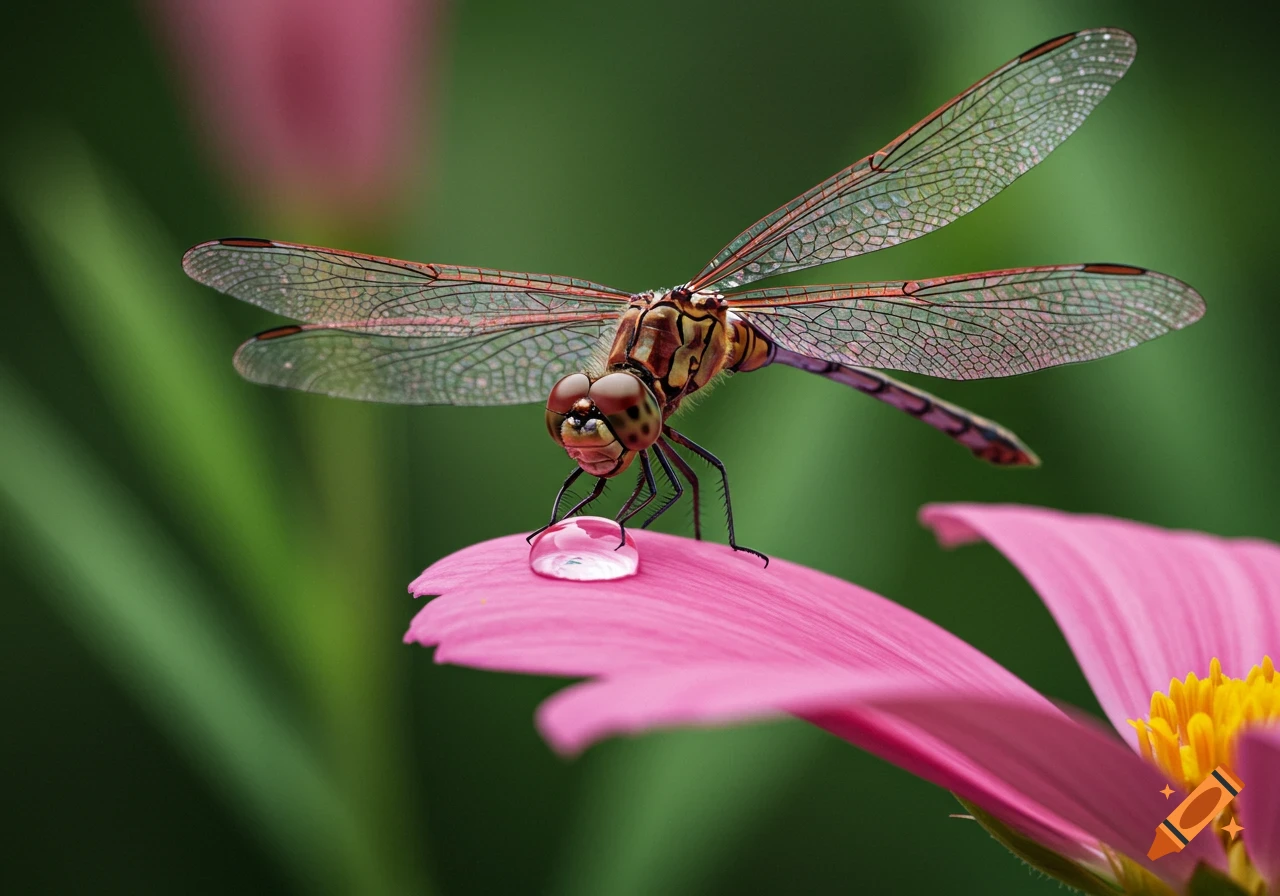 Macro photo of a dragonfly on a pink flower petal looking at a water droplet.