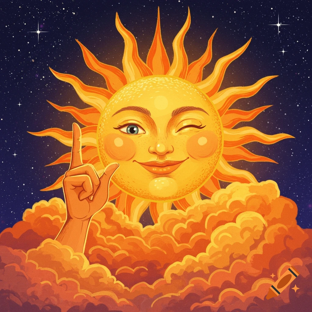 A smiling sun with a face and a hand pointing upwards emerges from clouds against a starry night sky.
