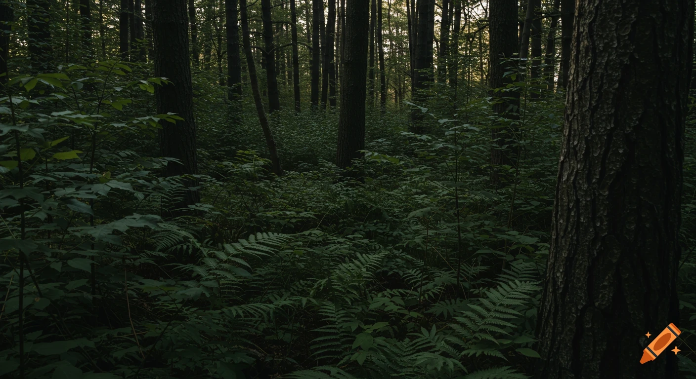 A view into a dense, dark forest floor covered in ferns and other greenery, with tree trunks visible.