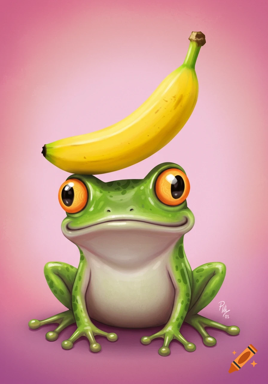 Cartoon illustration of a frog with a banana on its head