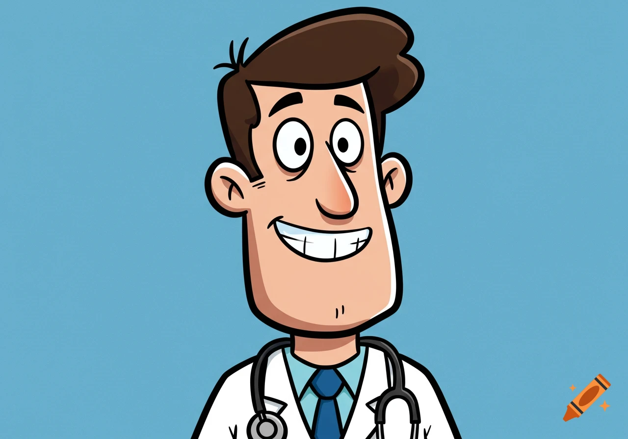 Close-up cartoon portrait of a smiling doctor