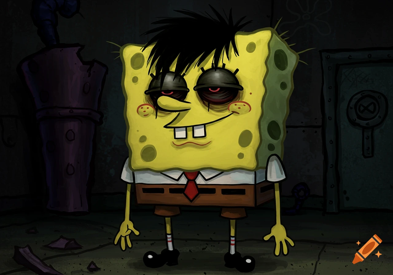 Emo style Spongebob Squarepants with dark hair and makeup in a dark room.