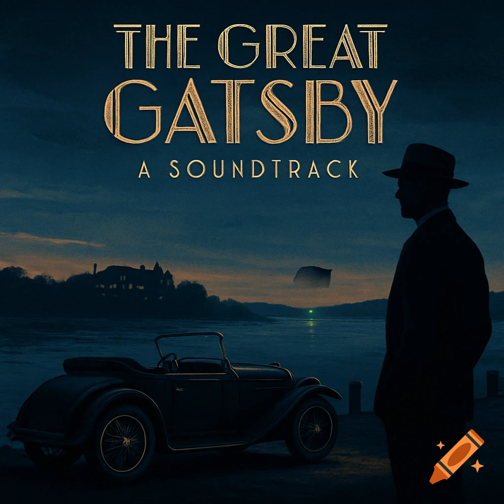 Album cover art for The Great Gatsby A Soundtrack, showing a man, vintage car, mansion, and text at twilight.