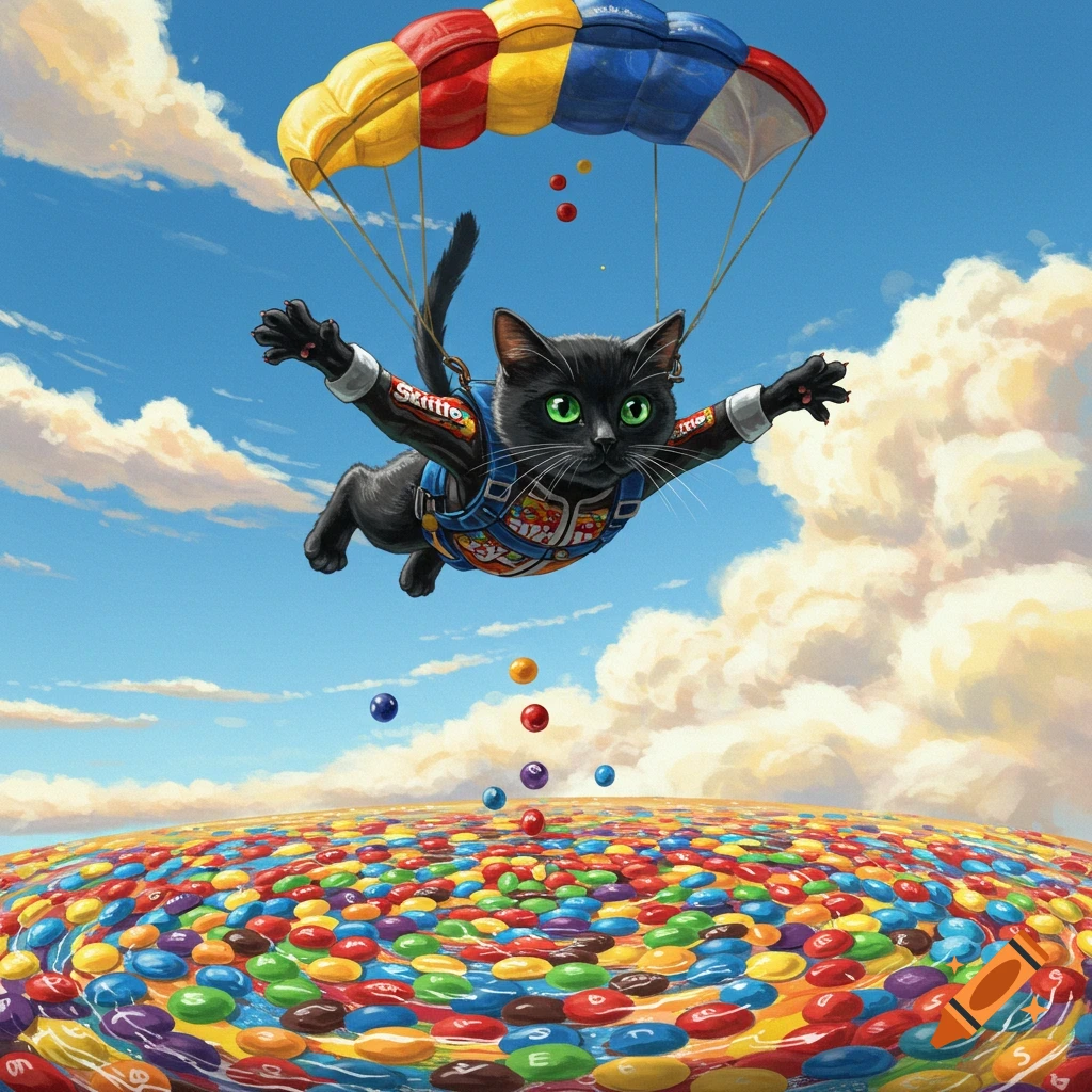 Black cat in a harness and colorful parachute skydiving towards a swirling field of colorful candies under a cloudy blue sky. Painterly style.