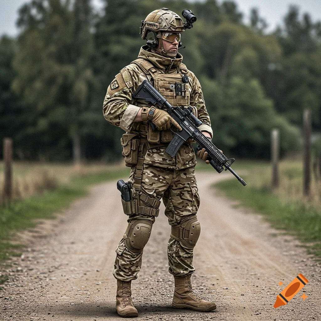 Photorealistic image of a soldier in camouflage standing on a dirt road, holding a rifle.