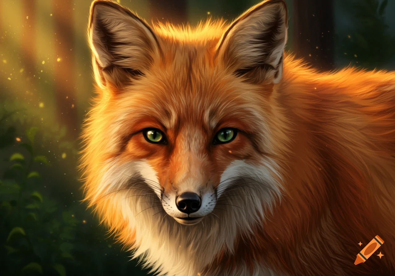 Close-up portrait of a red fox with green eyes in a sunlit forest