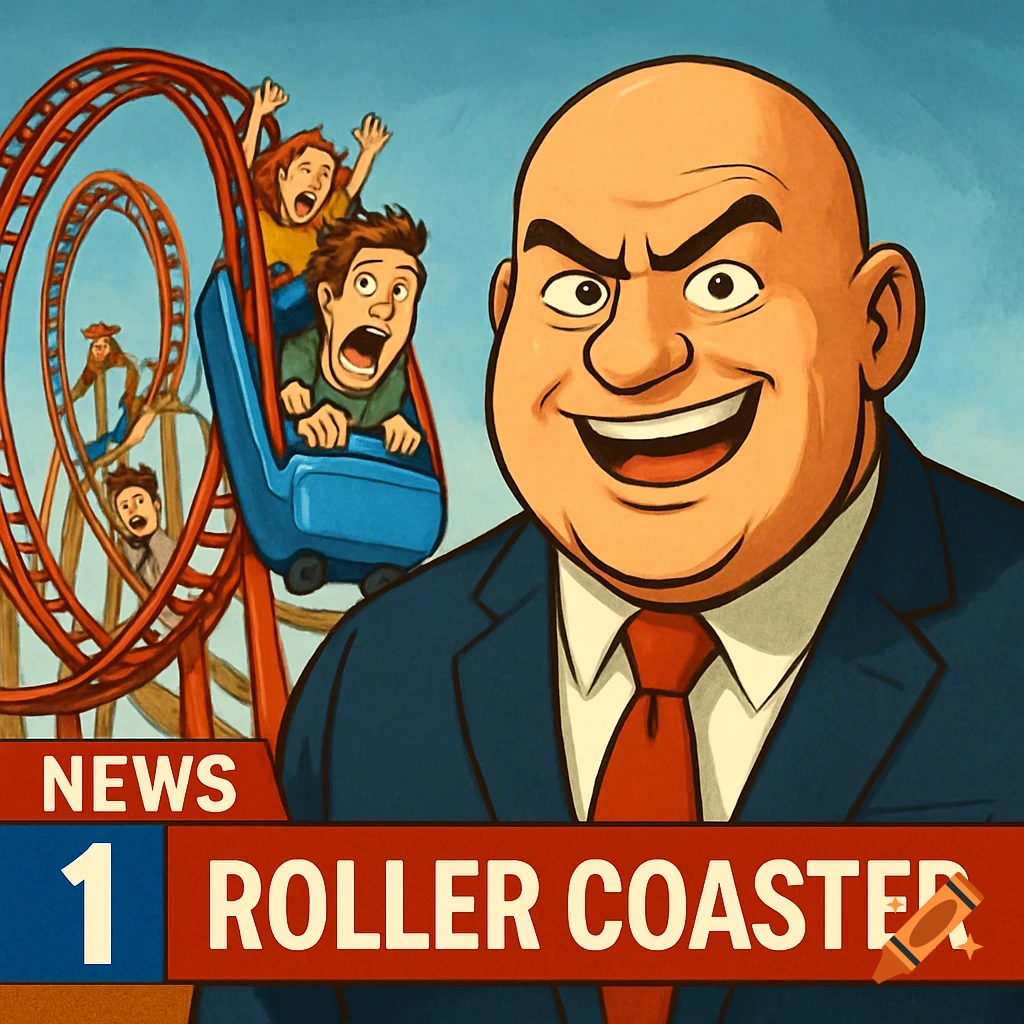 A cartoon illustration of a bald man smiling in front of a roller coaster with screaming riders and a news graphic overlay.