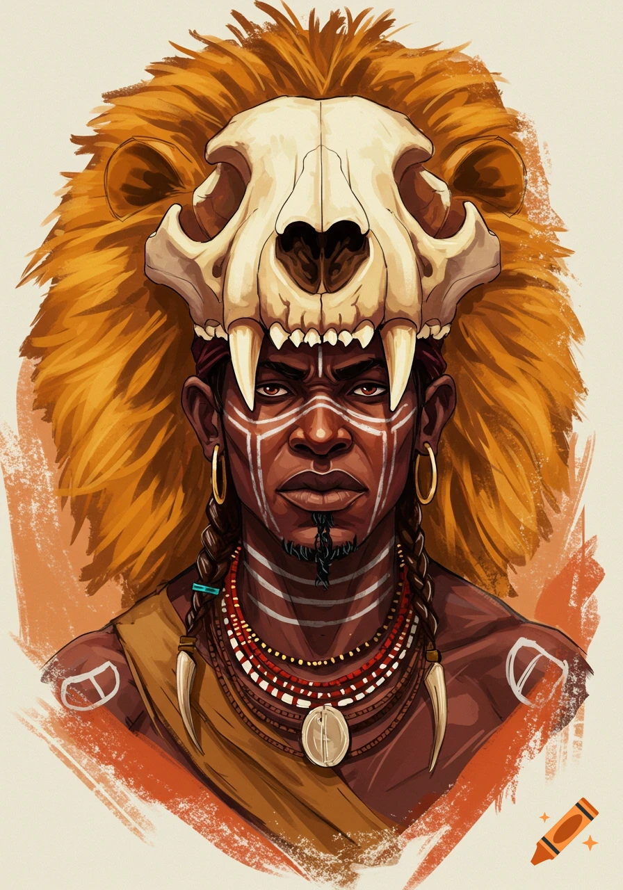 Stylized illustration of an African warrior wearing face paint, beaded necklaces, and a lion skull headdress.