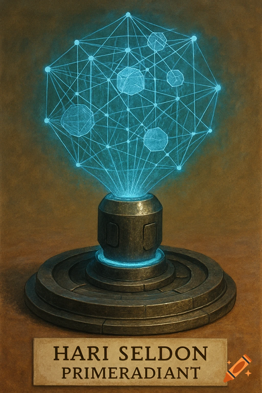 A holographic projector displaying a complex blue network, with a label below that reads "HARI SELDON PRIMERADIANT". Sci-fi digital art.