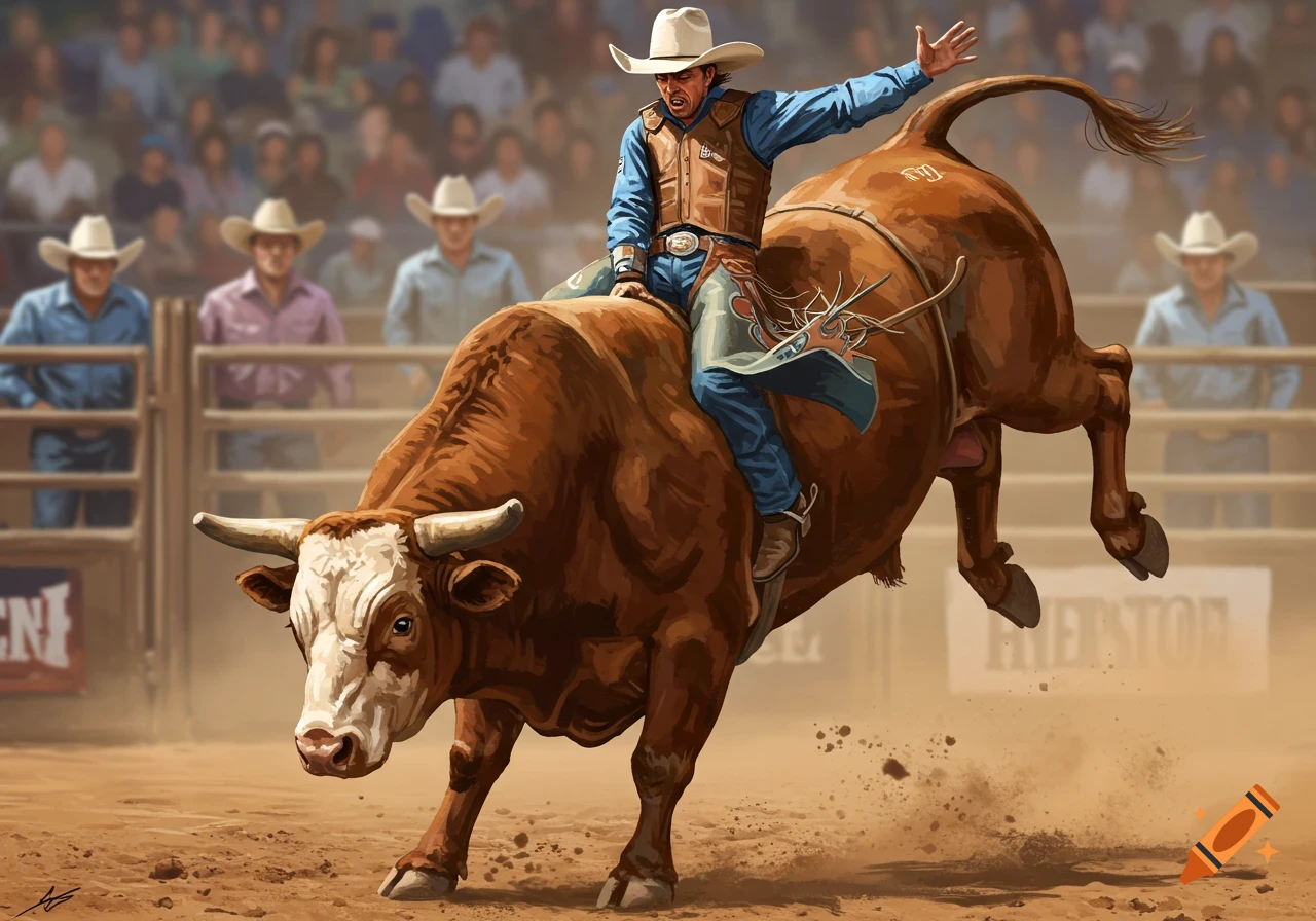 A cowboy rides a bucking bull in a rodeo arena. Digital painting.
