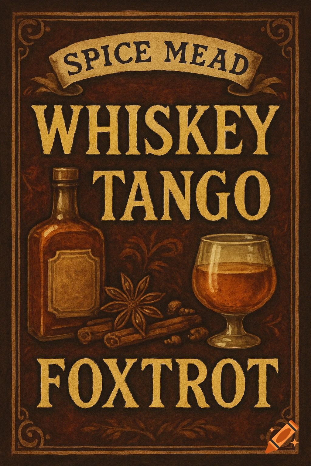 A rustic label for Spice Mead named Whiskey, Tango, Foxtrot, showing a bottle, a glass of amber liquid, star anise, and cinnamon sticks.