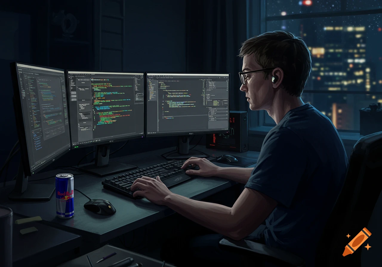 Illustrative image of a computer programmer working late at night at a desk with three monitors, keyboard, mouse, and a drink can.