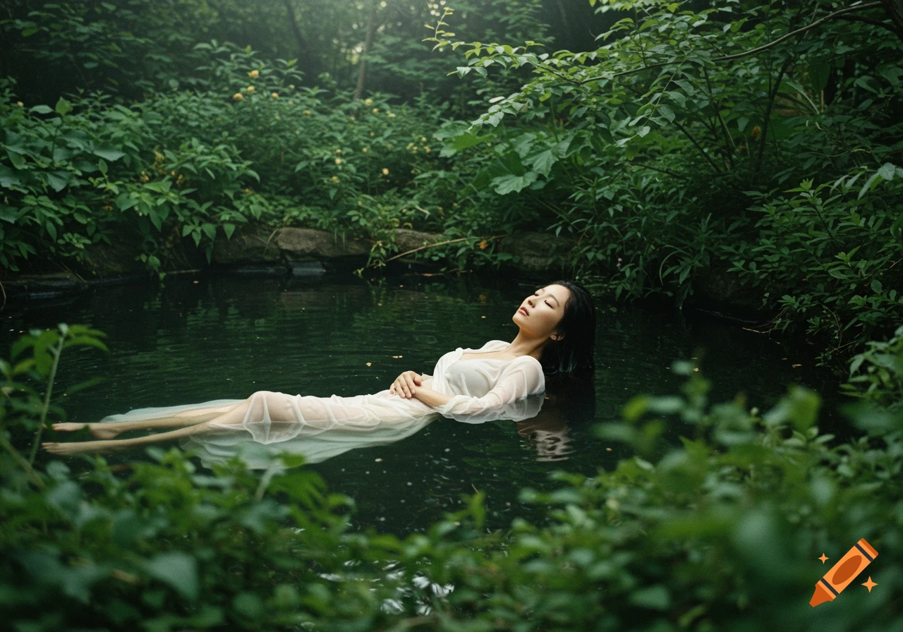 Woman in white dress floating in a pond surrounded by green foliage
