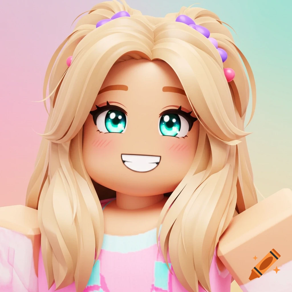 Roblox girl avatar with blonde hair, blue eyes, and a smile.