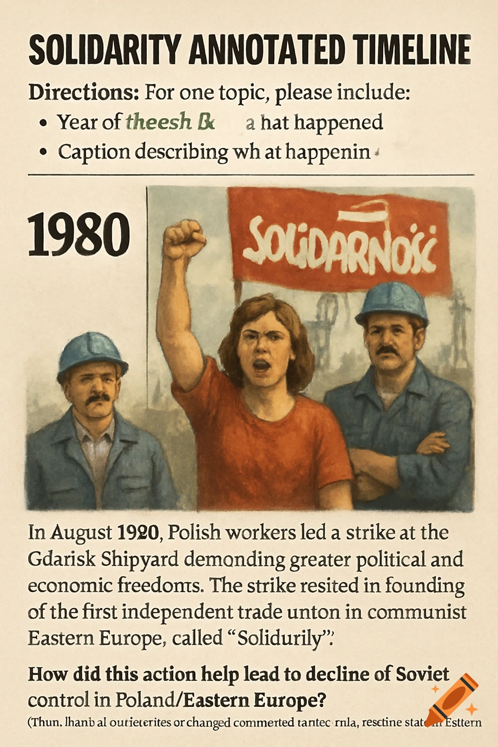 Illustration of workers protesting in 1980, with text about the Solidarity movement.