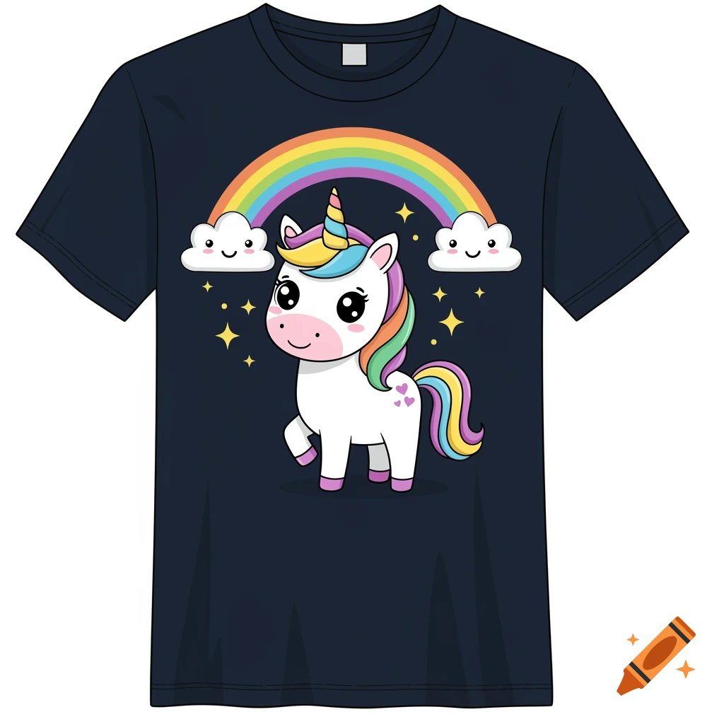 Cute cartoon unicorn with rainbow and clouds on a dark t-shirt.