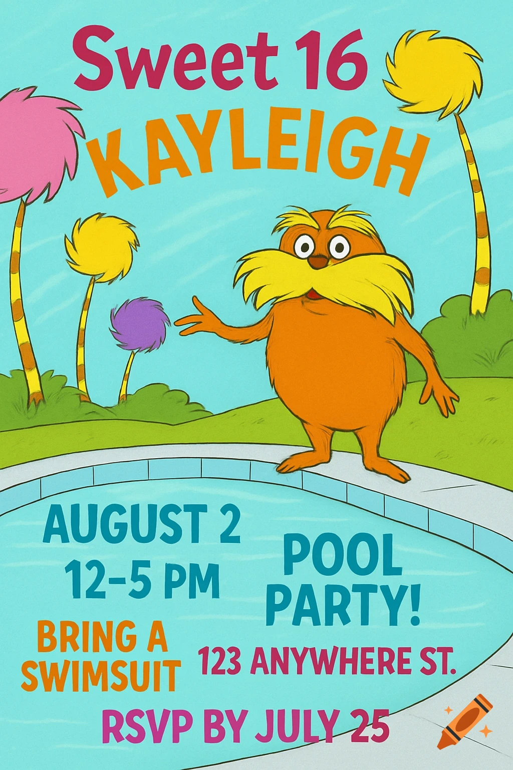 Cartoon Lorax themed birthday party invitation for a Sweet 16. Features the Lorax character, trees, a pool, and party details text.