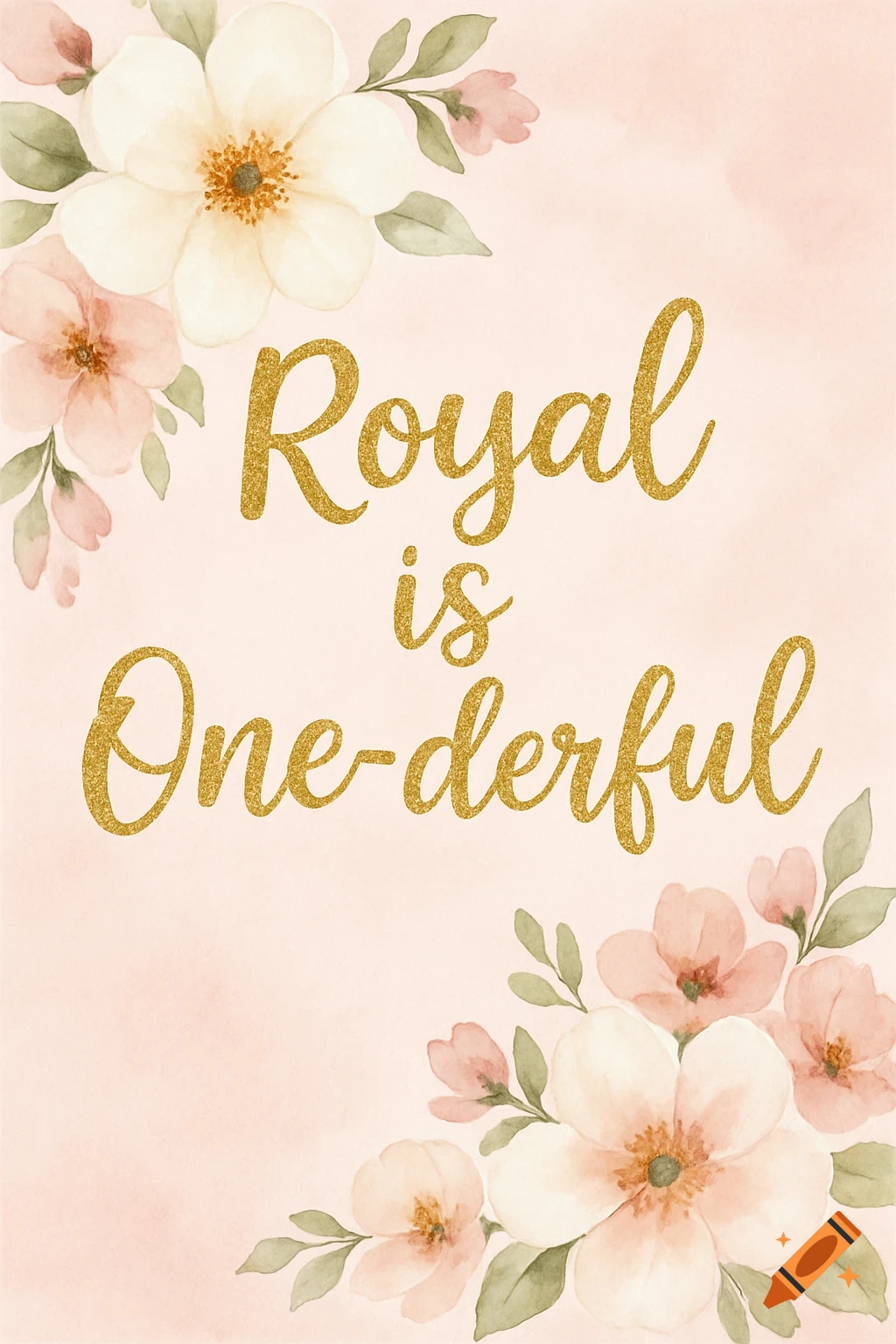 Soft pink watercolor background with flowers in the corners and gold glitter text 'Royal is One-derful' in the center.