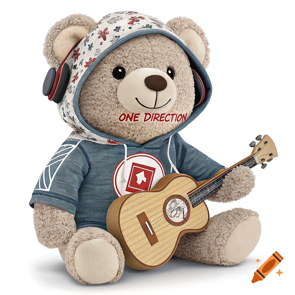 A teddy bear in a hoodie and headphones sits holding a guitar with 'ONE DIRECTION' text.