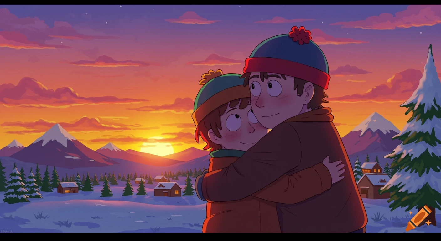 Stan and Kyle from South Park hug while watching the sunset over a snowy mountain landscape.