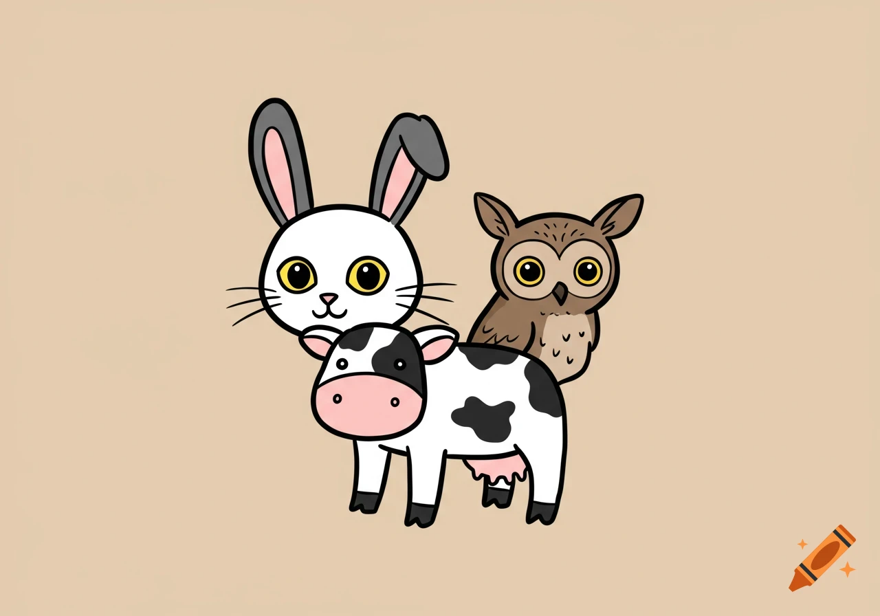 Cartoon rabbit head over a cow body with an owl behind.