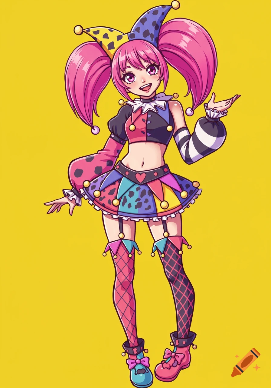 Anime girl with pink pigtails and a colorful jester costume stands against a yellow background.