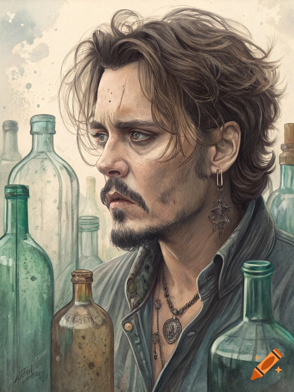 Painting of a man resembling Johnny Depp with goatee and earring surrounded by bottles