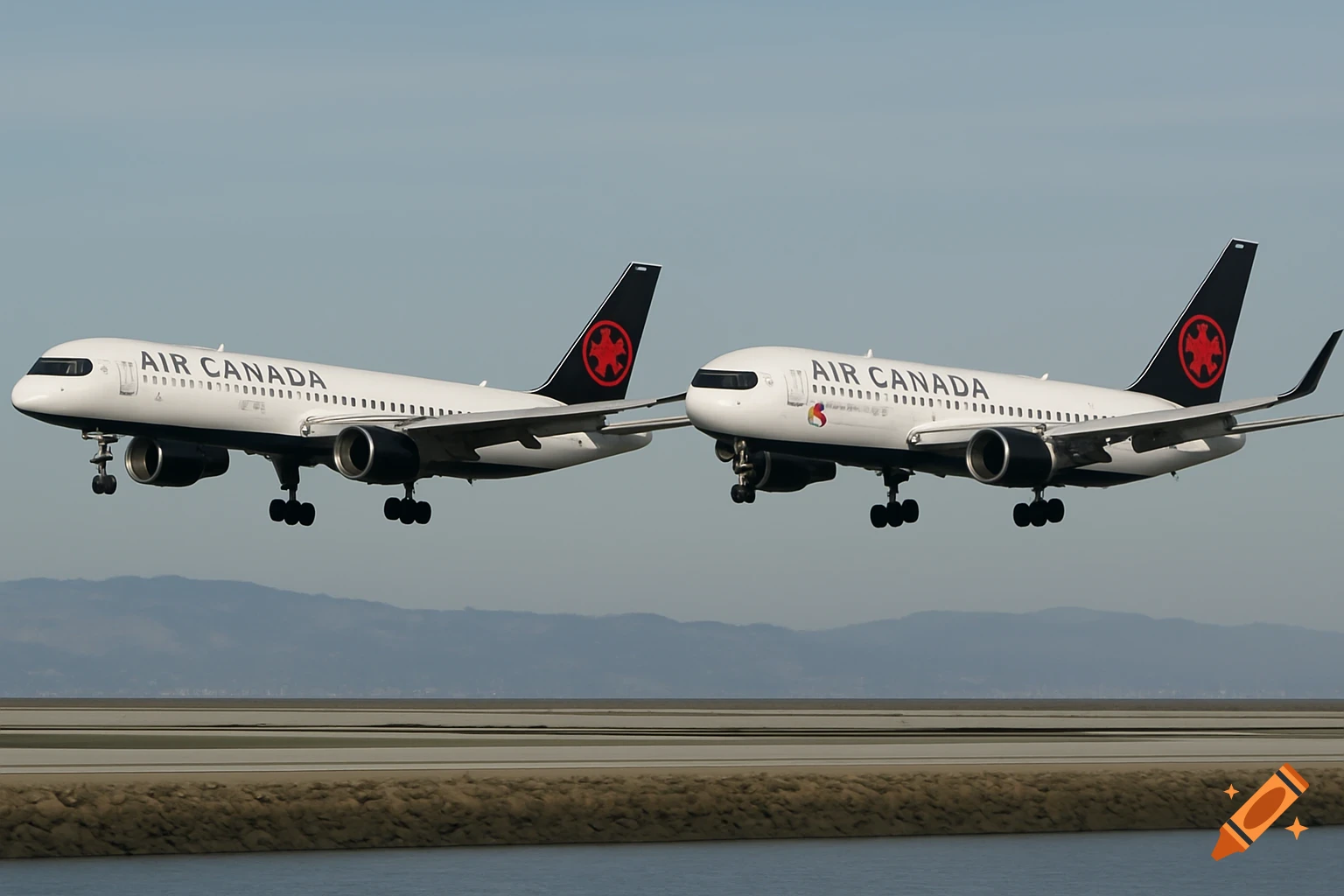 Two Air Canada airplanes landing in parallel