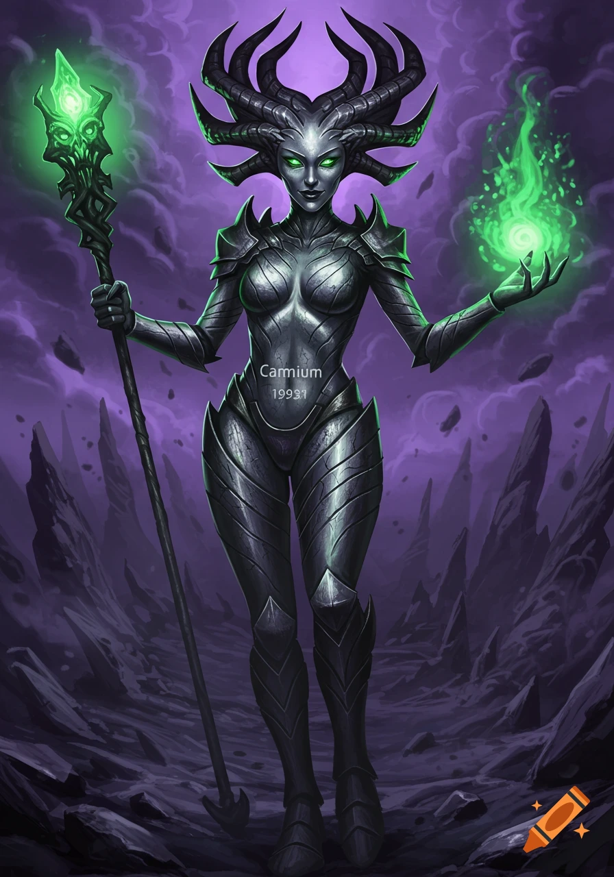 Female fantasy villain in dark armor with horns, holding a glowing staff and green magic.