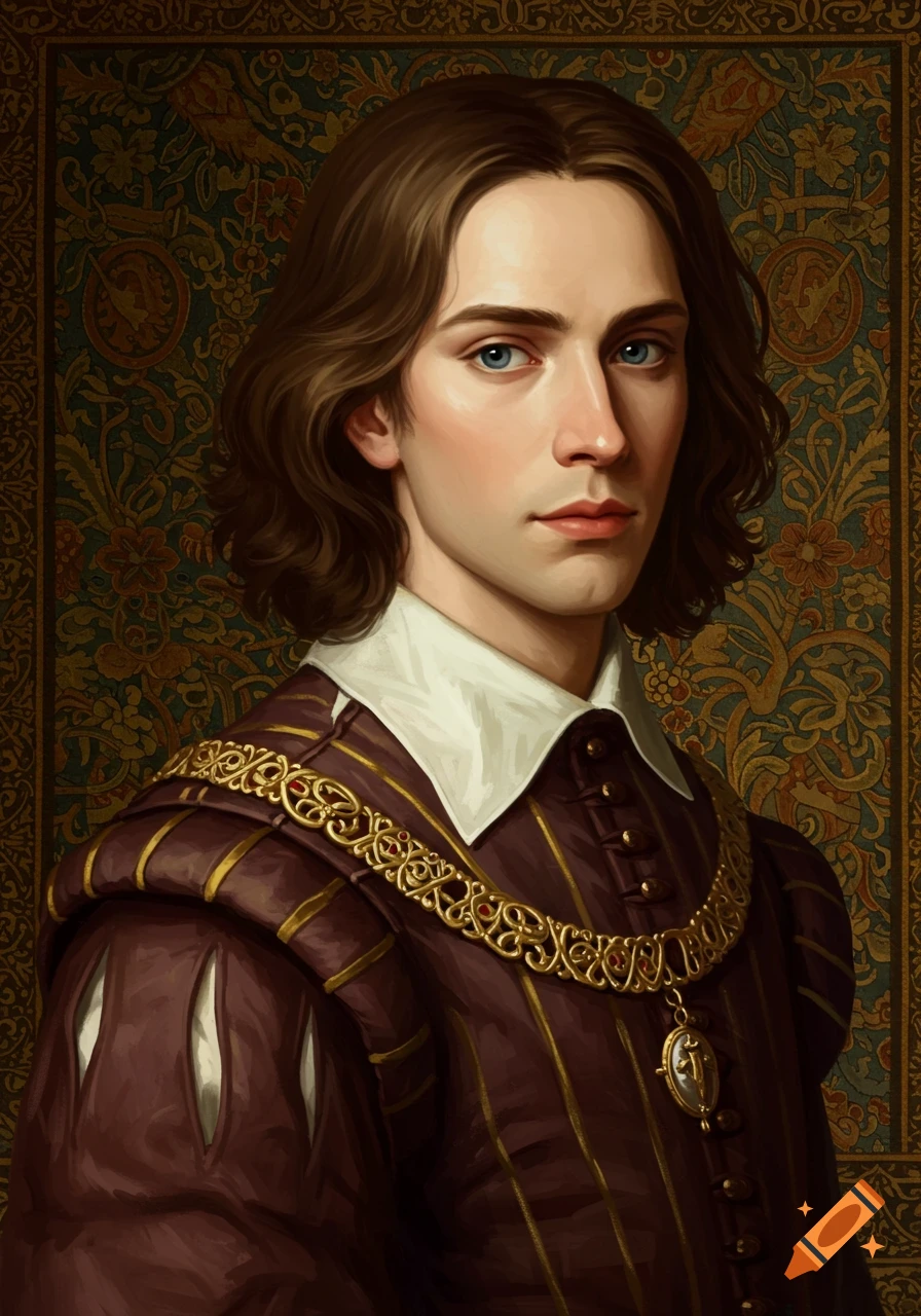 Portrait of a young man in Renaissance-era clothing against a patterned background.