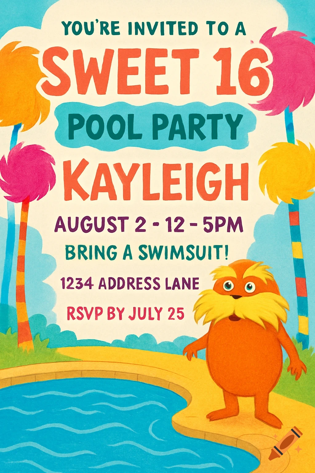 A colorful invitation for a Sweet 16 pool party featuring a character resembling The Lorax by a swimming pool.