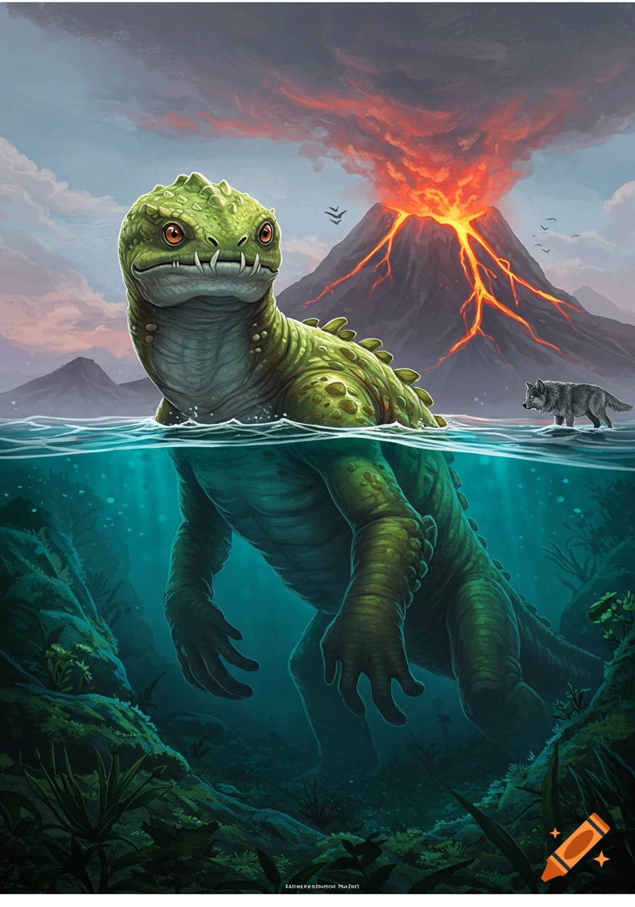 A green fantasy creature emerges from water near an erupting volcano, with a wolf watching from the shore.