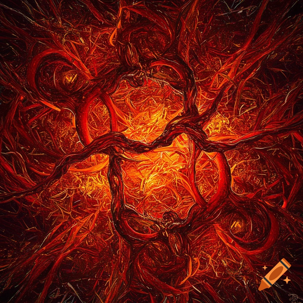 Abstract image of intertwined dark red organic shapes glowing with orange and yellow light.
