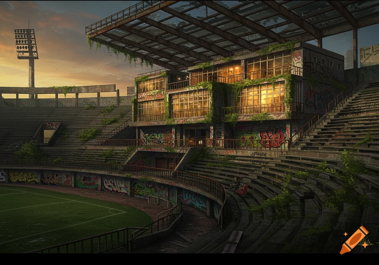Abandoned sports stadium with overgrown seats, graffiti, and a converted building section at sunset. A person sits in a seat.