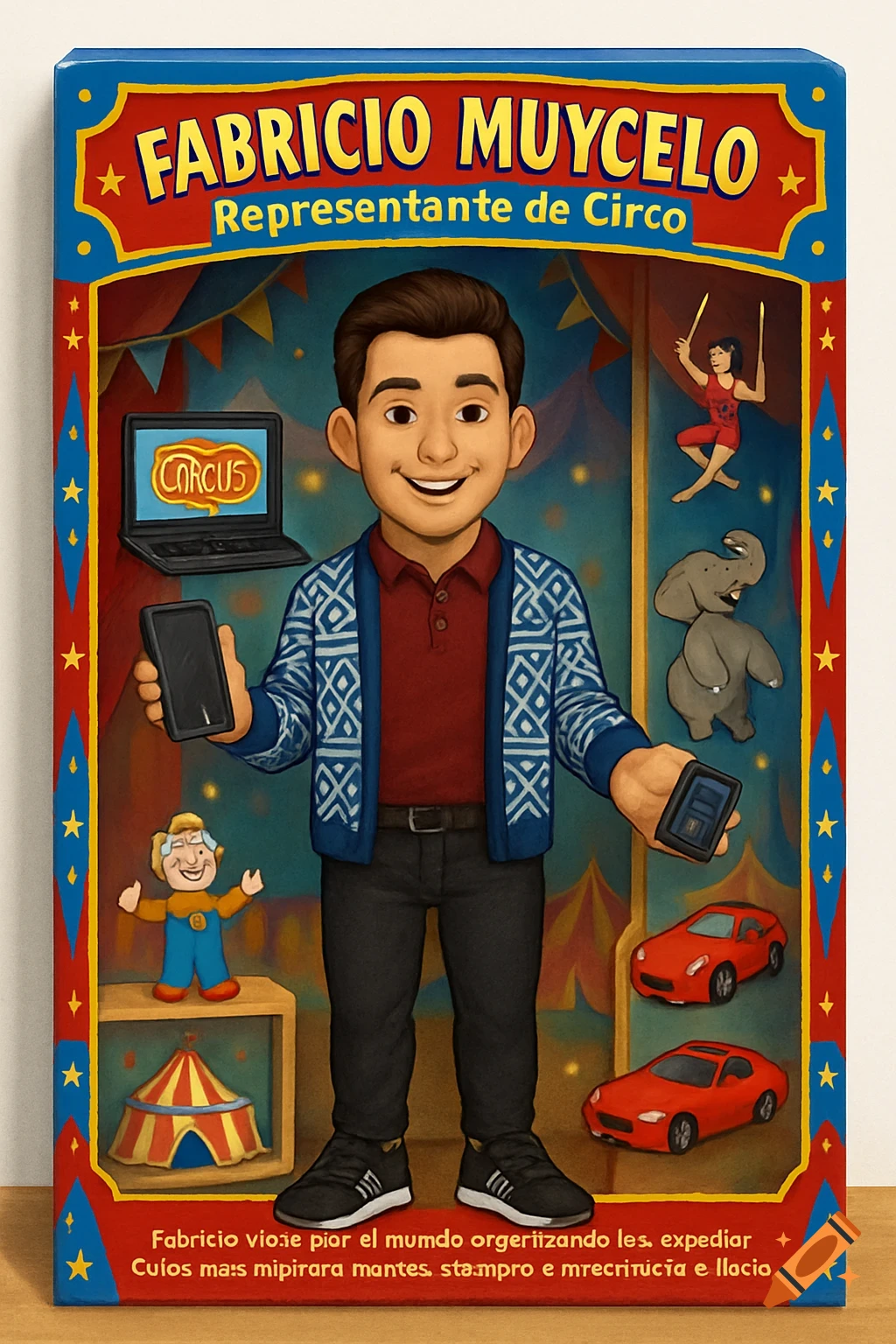 Cartoon character boy on a circus-themed toy box with miniature circus figures, laptop, and cars.