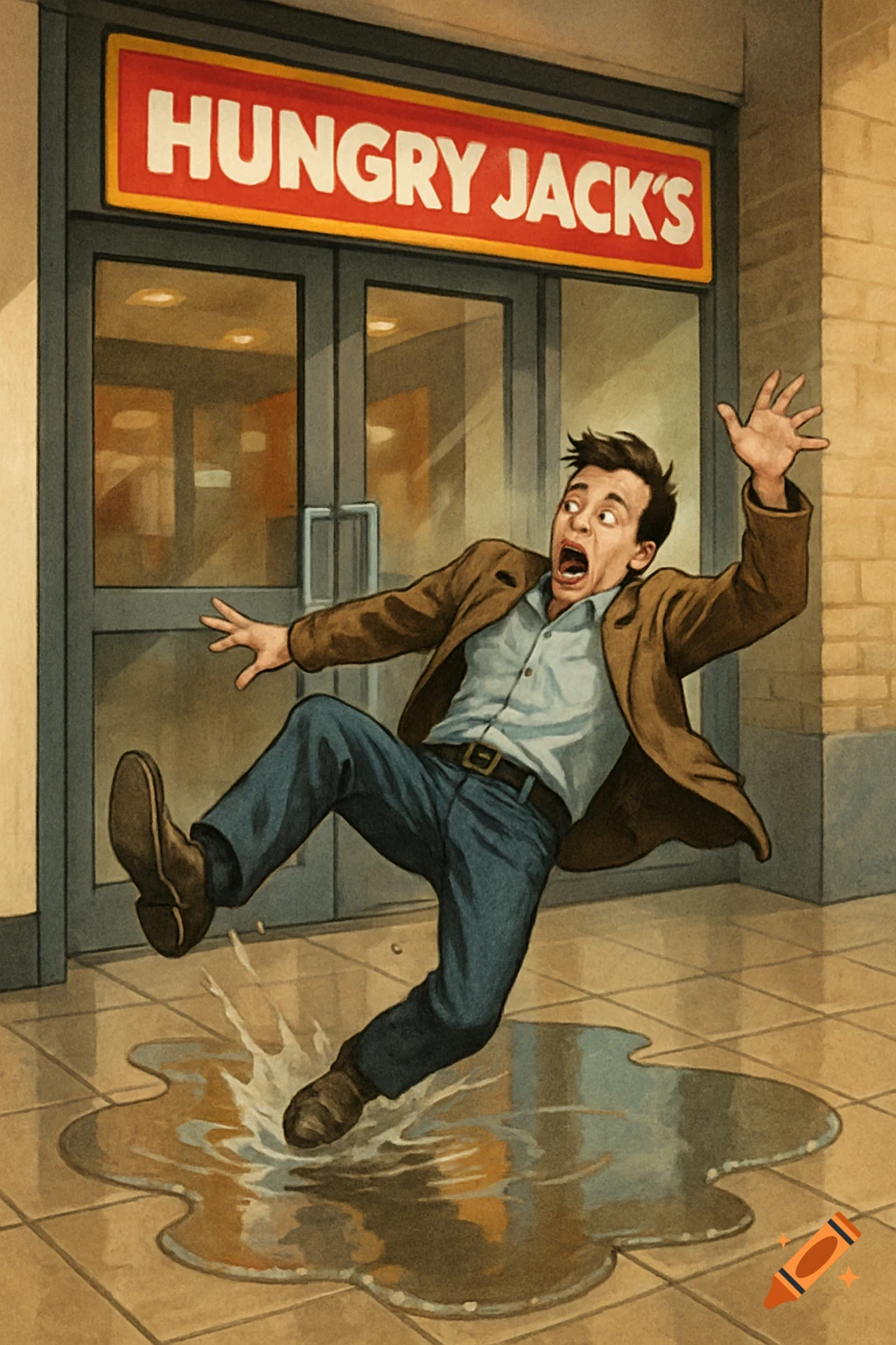 An illustration shows a man slipping and falling on a puddle outside a Hungry Jack's store.
